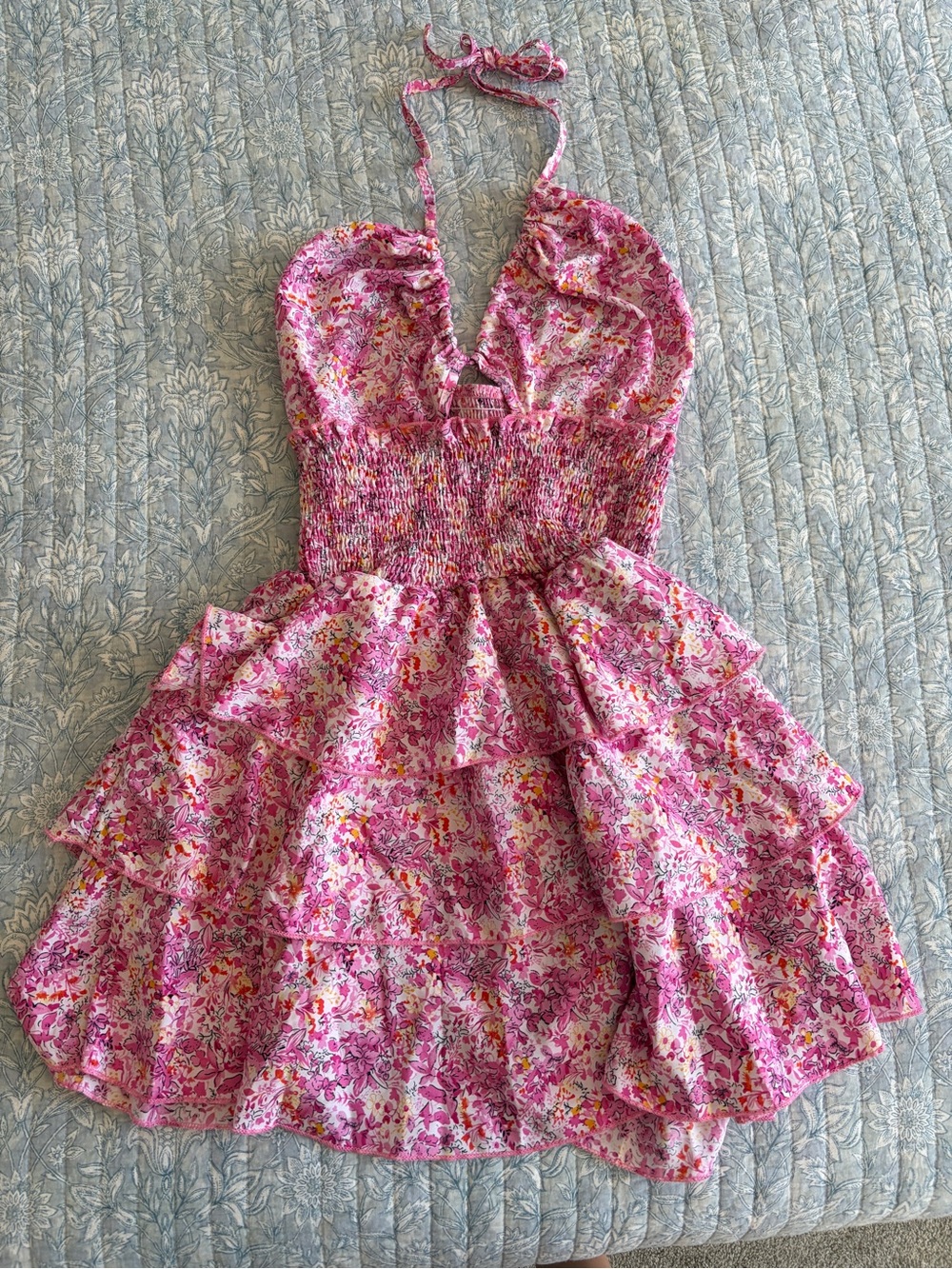 Pink Floral Halter Ruffle Dress